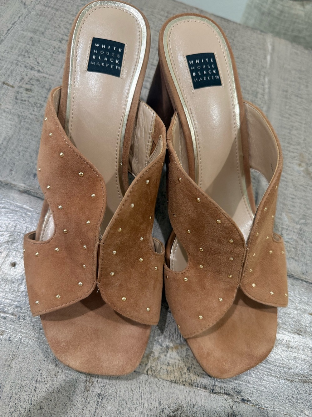 White House Black Market Tan Suede Studded Mule Sandals